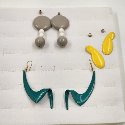 3 Pair of Pierced Earrings Teal Yellow & Gray/White Geometric Shape Drop Pendant