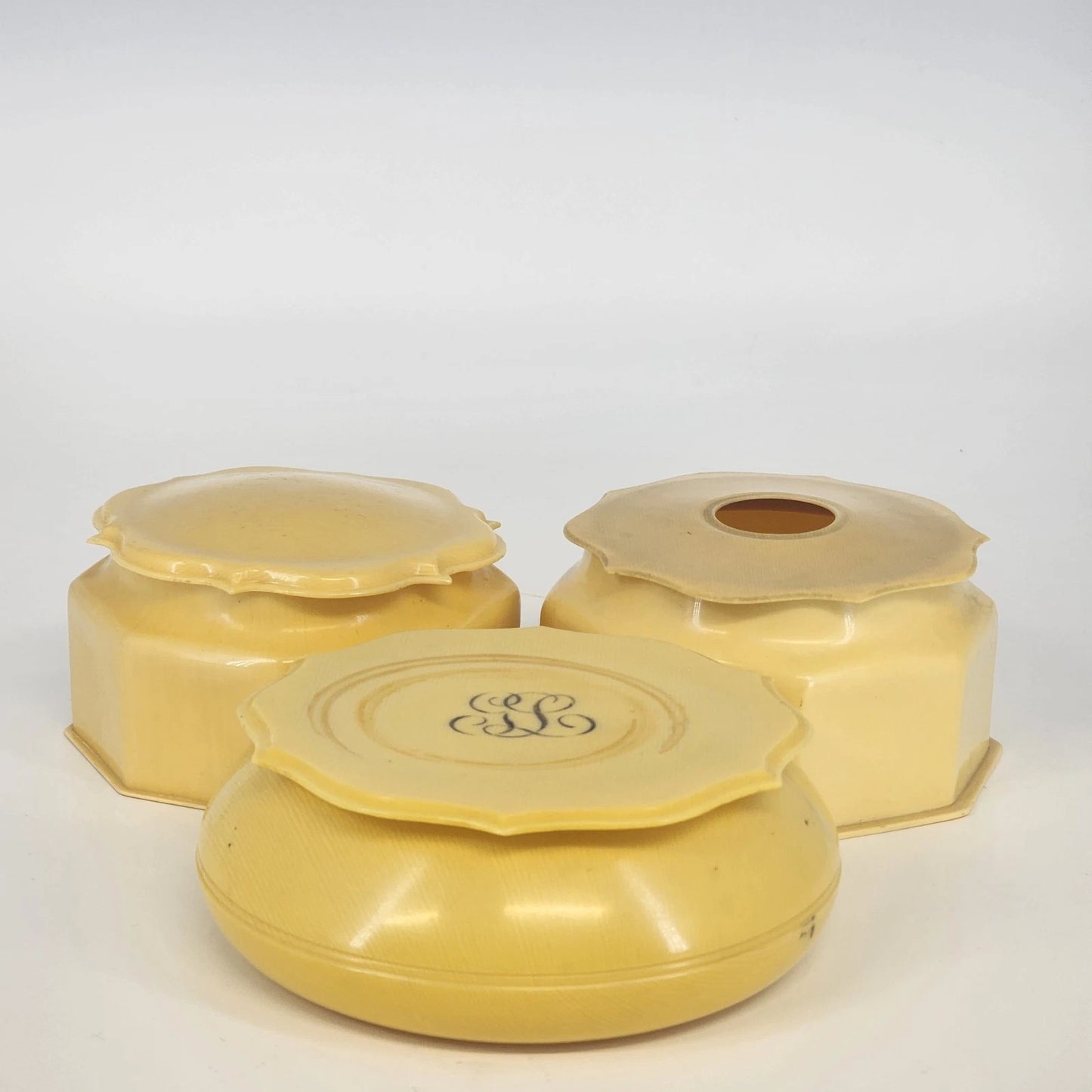 Antique 3pc Celluloid Vanity Set Art Deco French Cream Tan Powder Hair Receiver