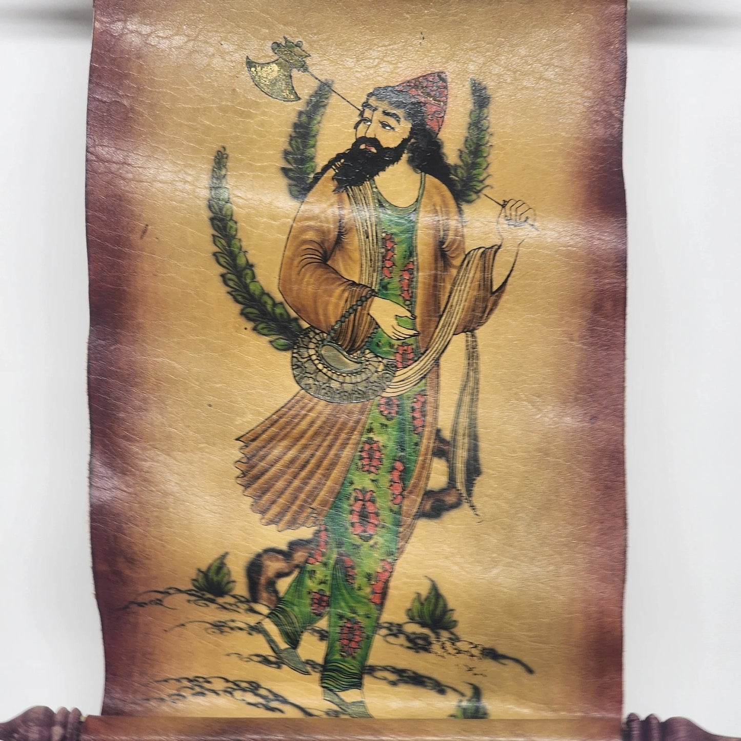 Persian Style Painting Leather Scroll Man Portrait Middle Eastern Wall Art 12"