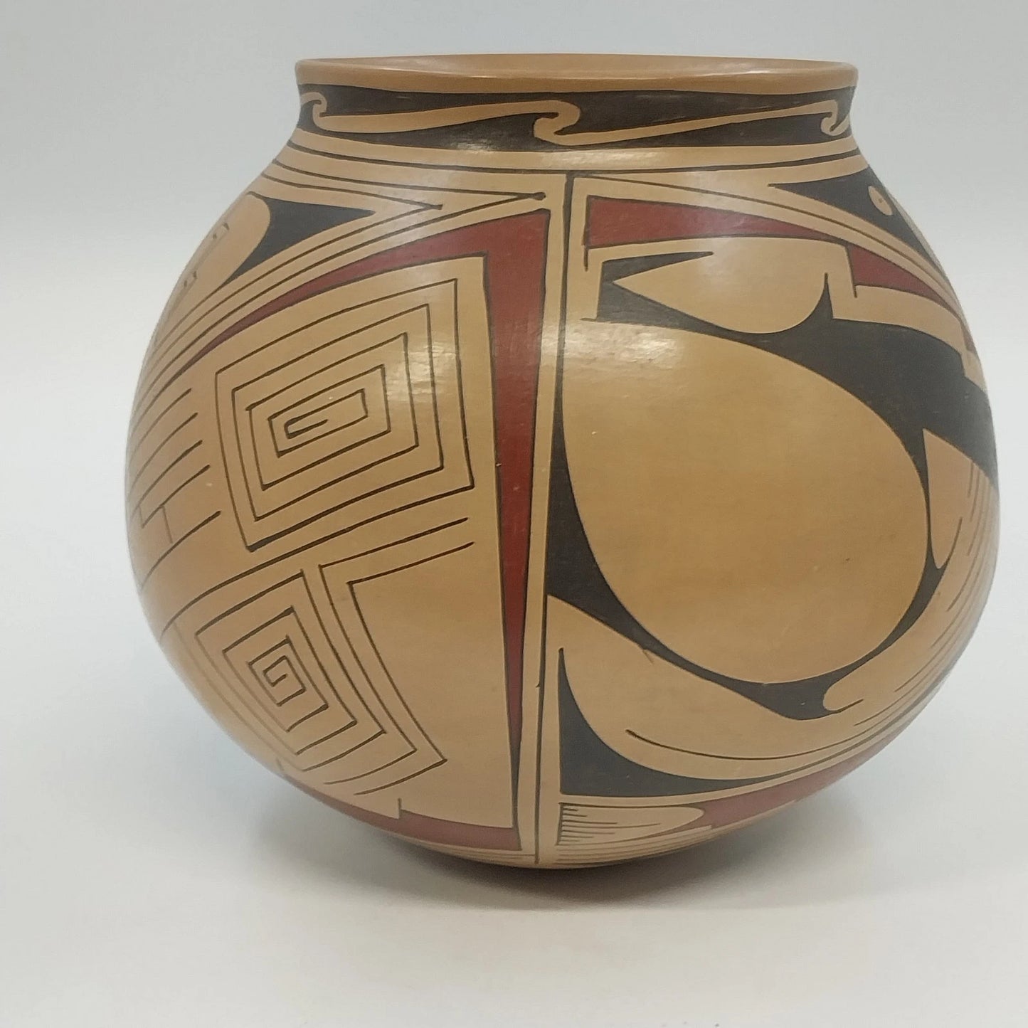 Handmade Mexican Pottery Bowl Geometric Bird Motif Tan Black Red 7" Round Bottom