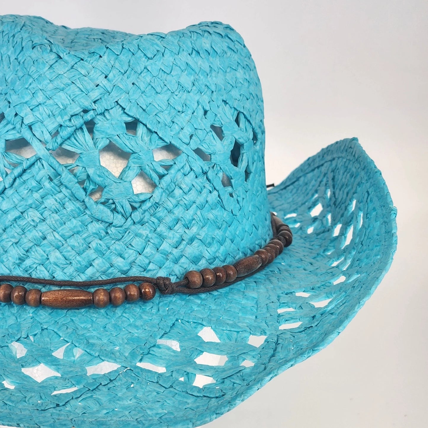 Something Special Turquoise Cowboy Hat Paper Straw Open Weave Brown Beads Boho