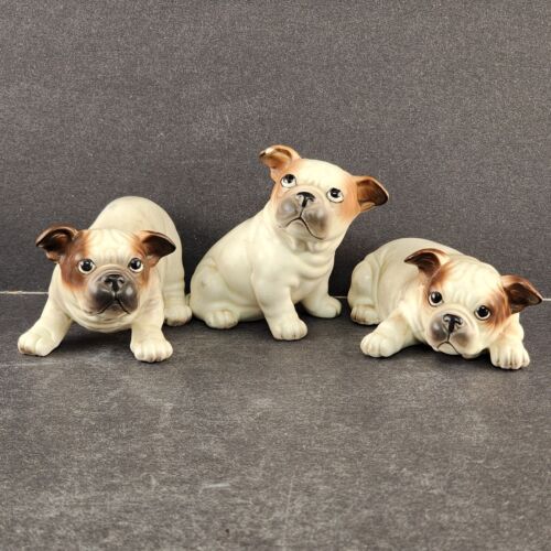 3 French Bull Dog Puppies Josef CG Originals Japan Big Eyes Porcelain Figurines