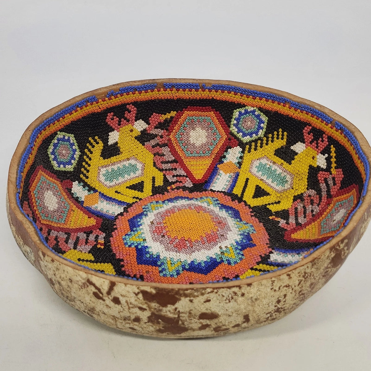 Huichol Wixárika Beaded Gourd Bowl Animal Geometric Folk Art 8" Mosaic Mexico