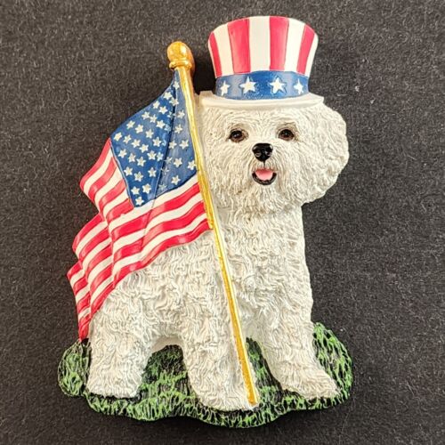 Bichon Frise Refrigerator Magnet US Flag Flying Dog Figurine Willabee Ward MBI