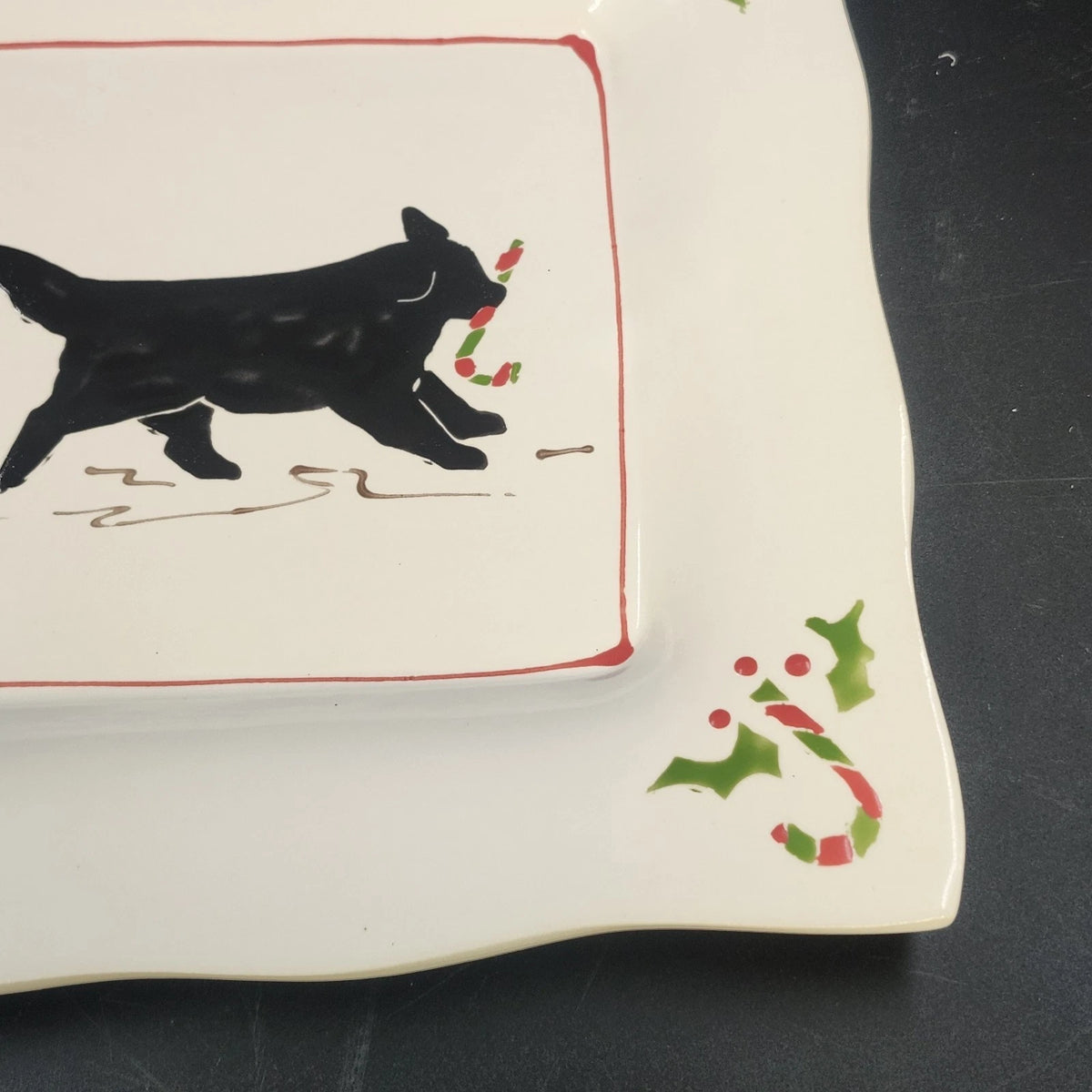 Prairie Dog Pottery Black Newfoundland Candy Cane Christmas Plate 9.25" Square