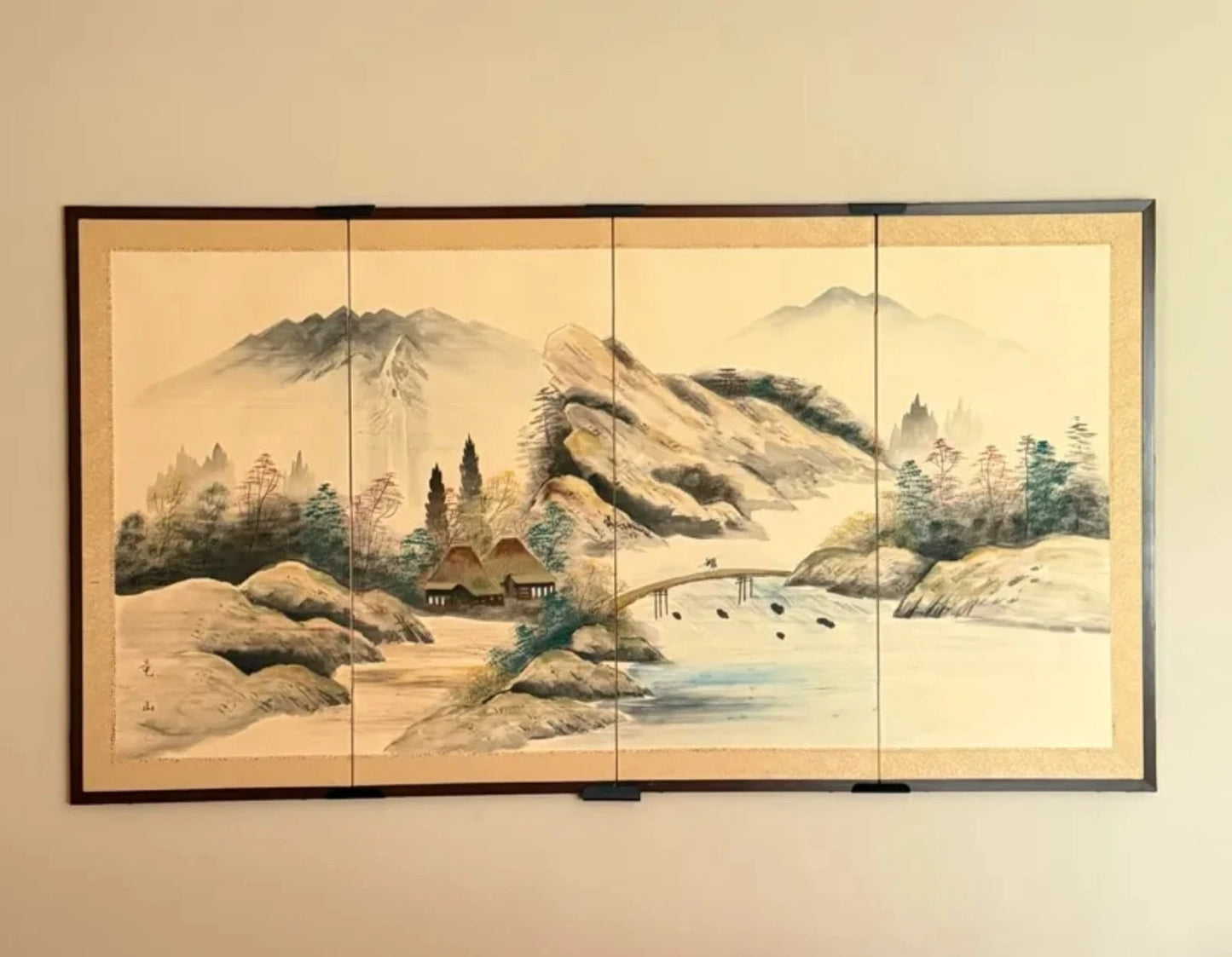 Toyo Japan Byobu 4 Panel Sansuiga Landscape Brass Trim Wall Screen 66x36 Hangers