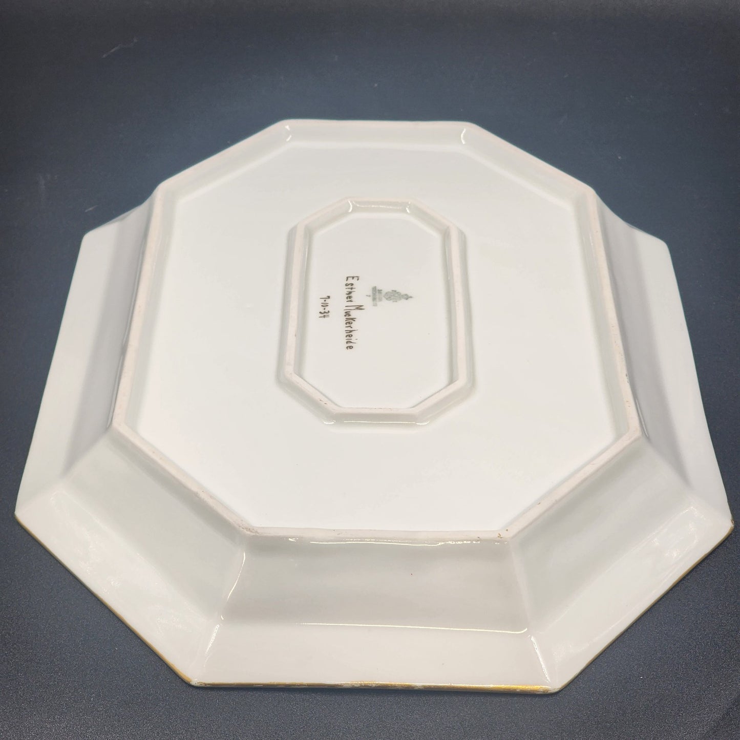 Tirschenreuth Bavaria Octagon Serve Platter Blue Border Enamel Flowers Gold Trim