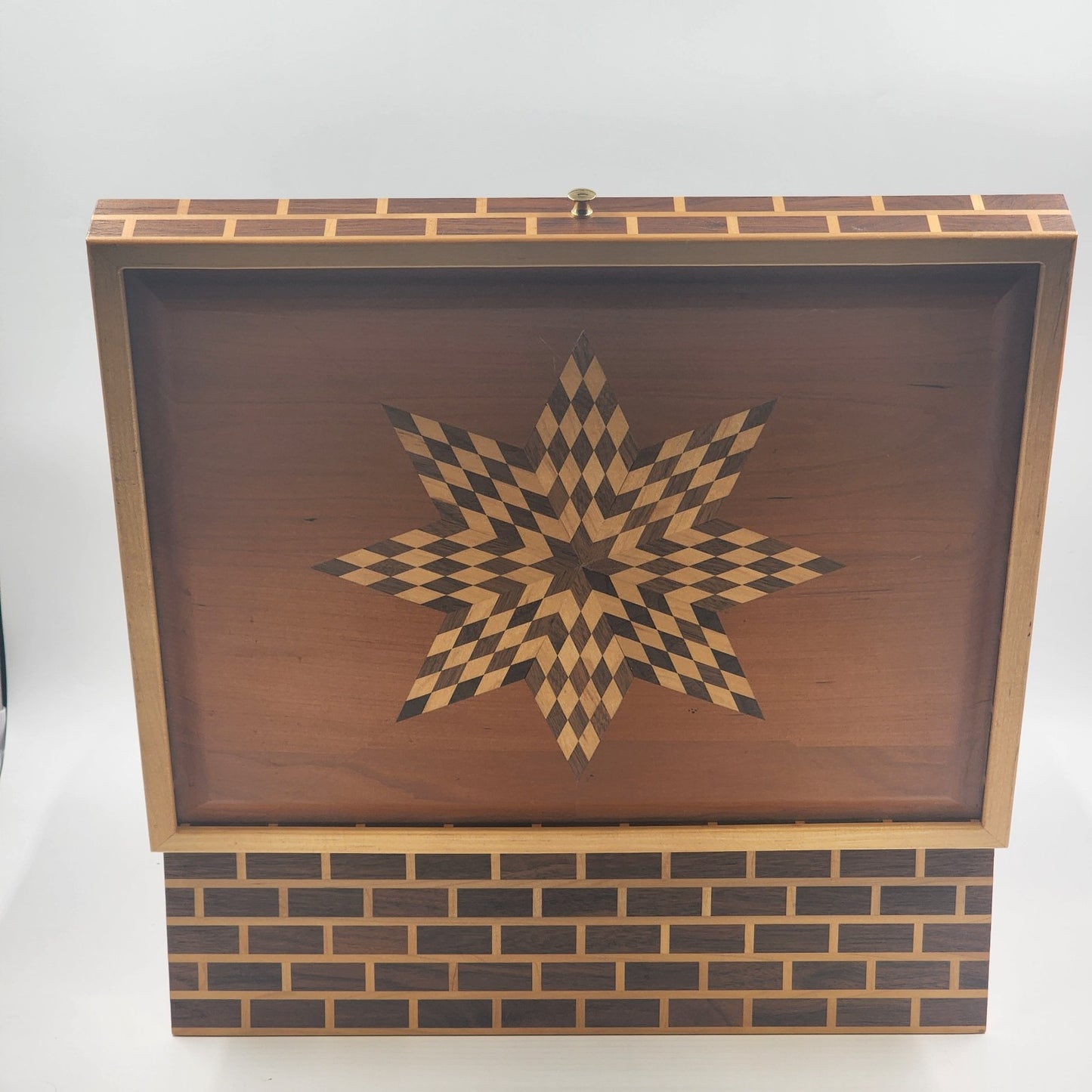 Thuya Moroccan Wood Large Jewelry Box – Handmade 17” Brick Design with Starburst Inlay Lid – Green Felt Lined – Artisan Keepsake Storage Chest