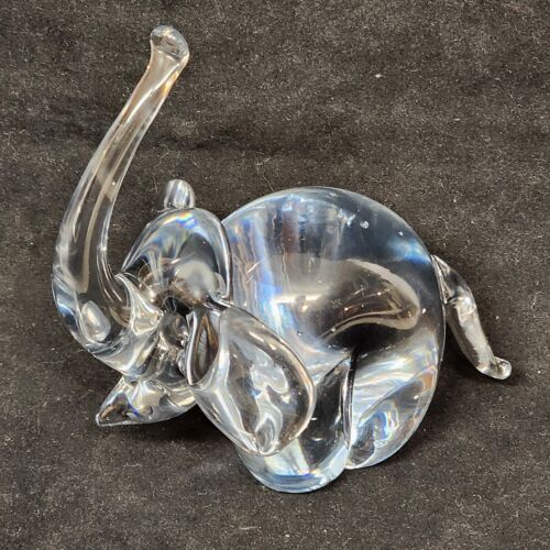 Clear Glass Elephant Figurine Paperweight 4" Long x 4.5" Tall Trunk Up Good Luck