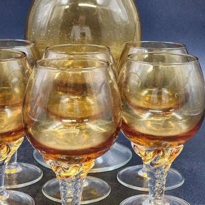 Italian Amber Glass Decanter & 6 Cordials Twisted Stems Clear Handle Vtg Elegant