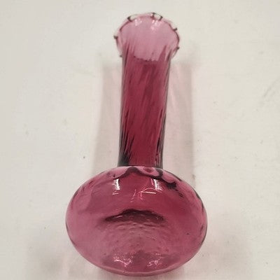 Pilgrim Cranberry Glass Bud Vase 7" Swirled Neck Ruffled Rim Hand Blown