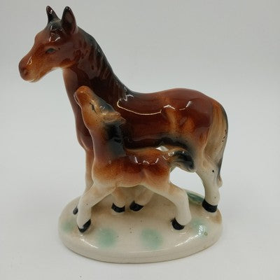 Equestrian Horse Mare & Colt Figurine Brown Black White Ceramic Vintage Japan 7"