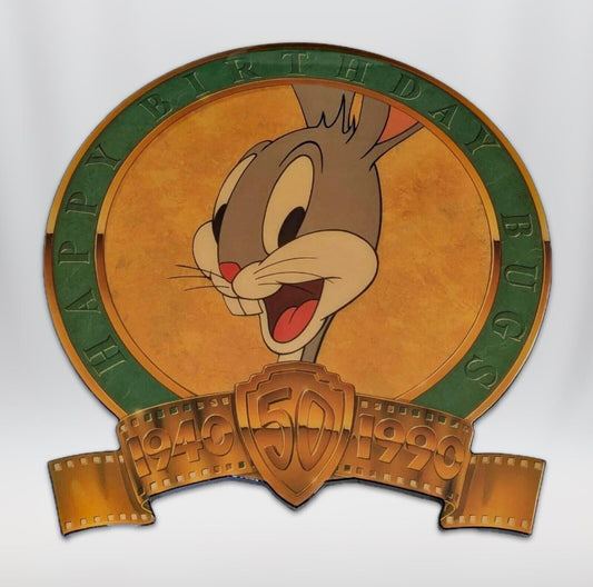 Vintage 1990 Bugs Bunny “Happy Birthday” 50th Anniversary Wall Plaque – Warner Bros. Looney Tunes Collectible – 20.5"x22.5" Laminated Wood Sign