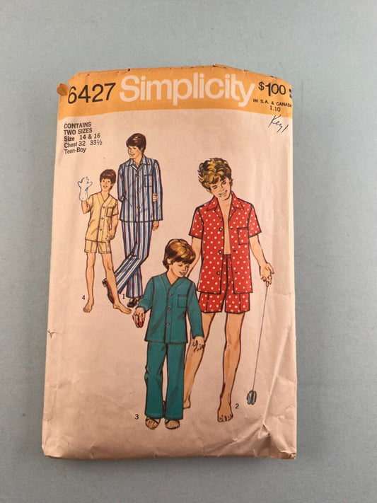 Simplicity 6427 Vintage Sewing Pattern 1974 Teen and Boys Pajamas Size 14 16