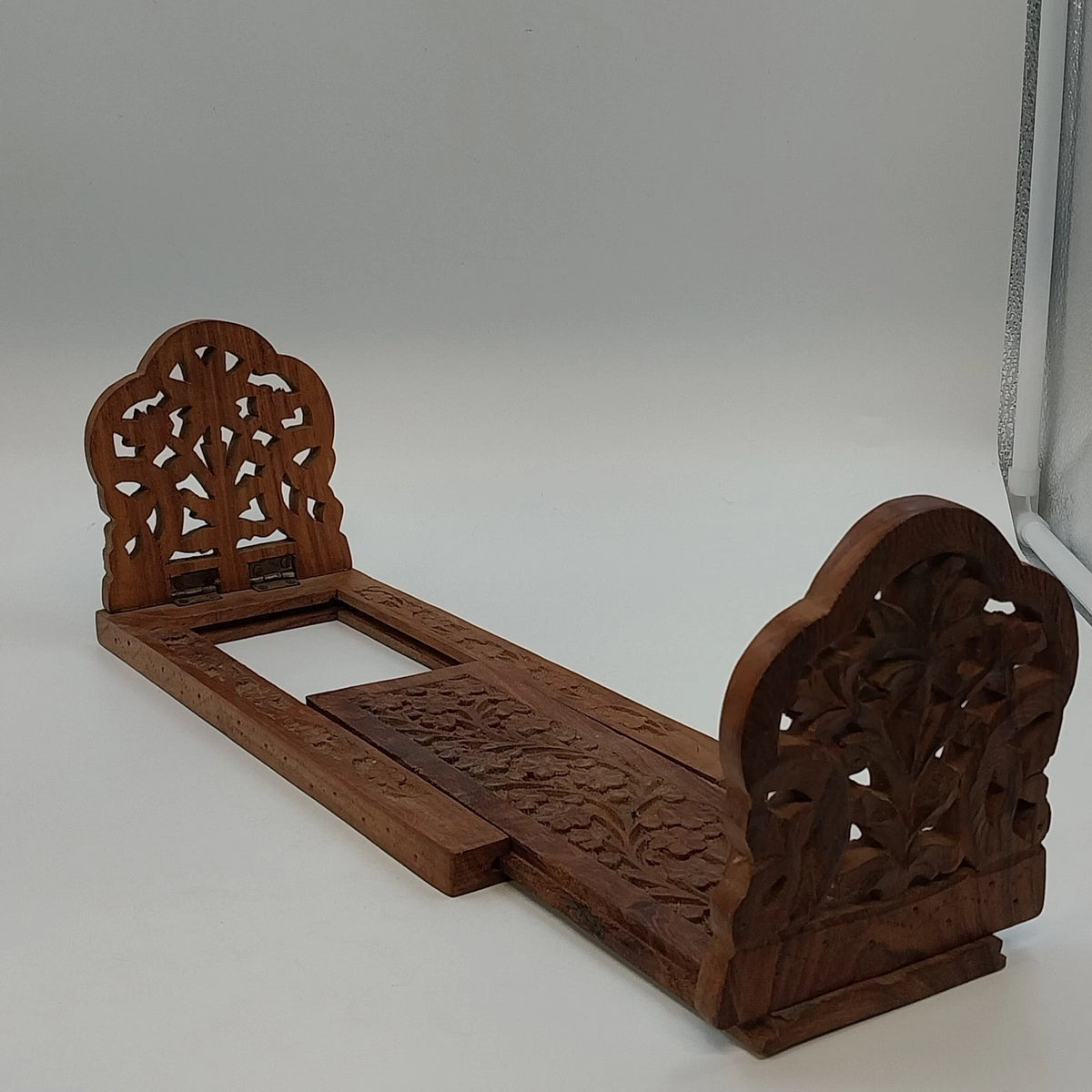 Hand Carved Natural Wood Expandable Book Rack Floral Bookends 17" Extend India