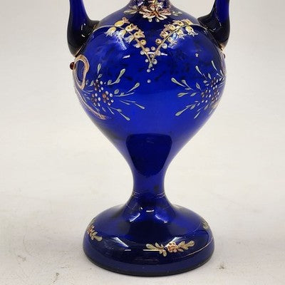 Art Nouveau Bohemian Cobalt Blue Glass Vase with Heavy Gold Gilding – 8" Tall – Dual Handles & Globe Top – Vintage European Display Piece