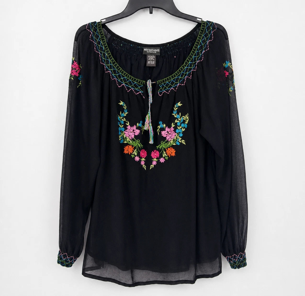 Notations Women's Embroidered Floral Peasant Blouse Tassel Long Sleeve Large