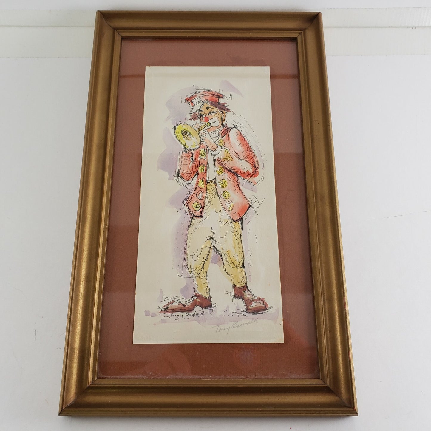 Framed Print Sketch of Clown Playing Horn Orange Watercolor Tony Oswald Signed
