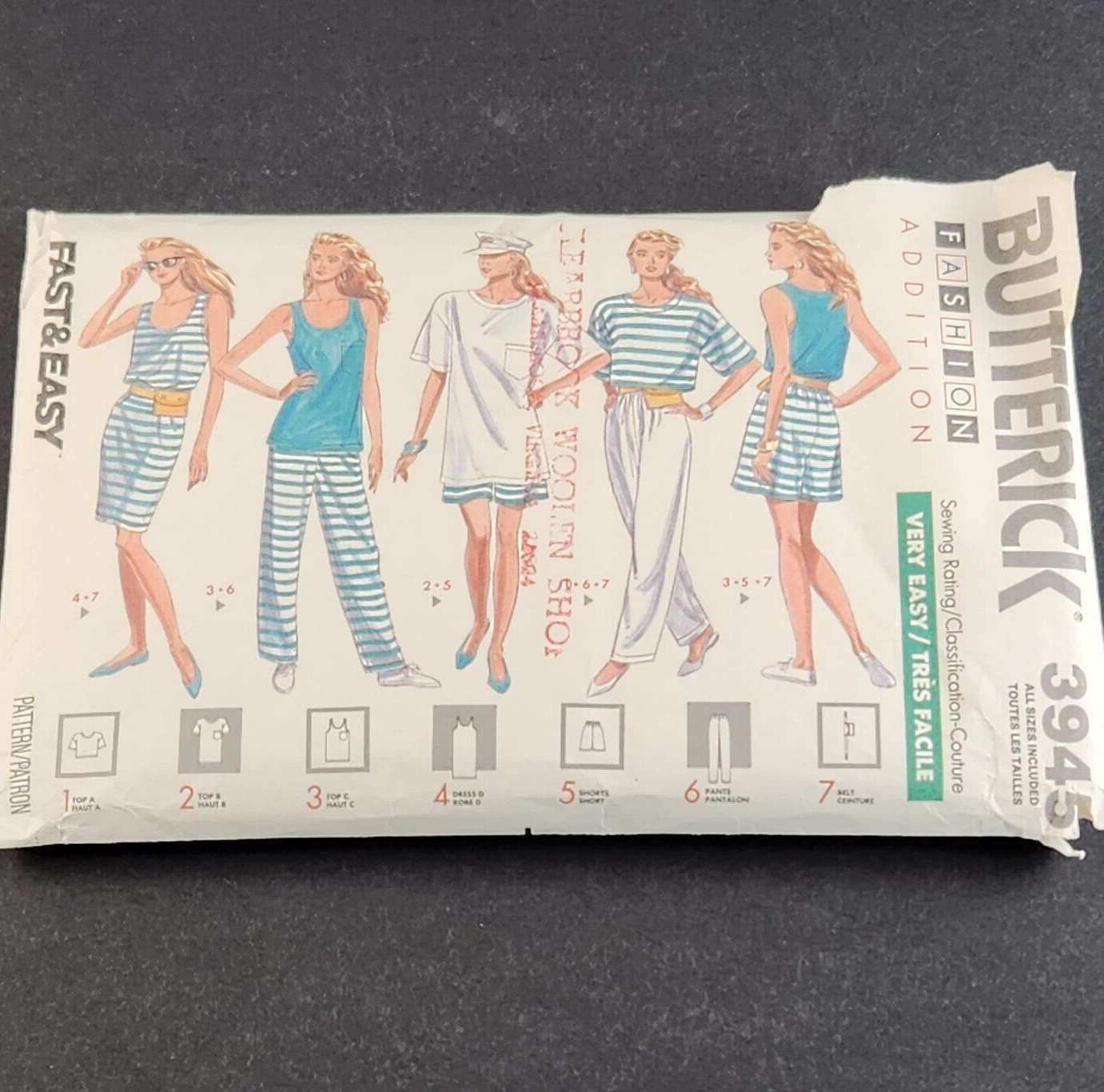 Butterick 3945 Vintage Sewing Pattern 1989 Misses Top Dress Shorts Pants Belt