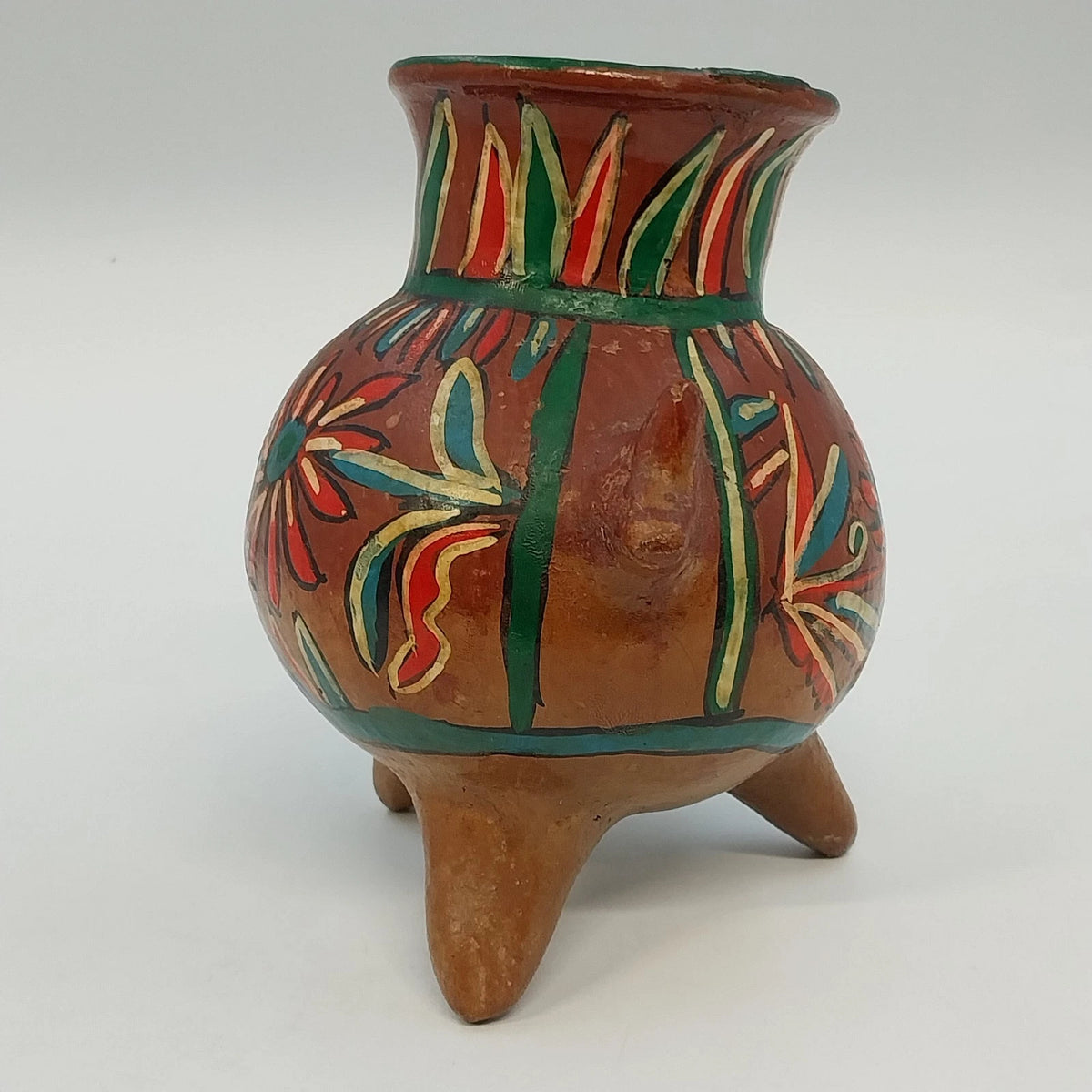 Hand Painted Floral Terracotta Tripod Vase Mexican Pottery Brown Multicolor 6.3"