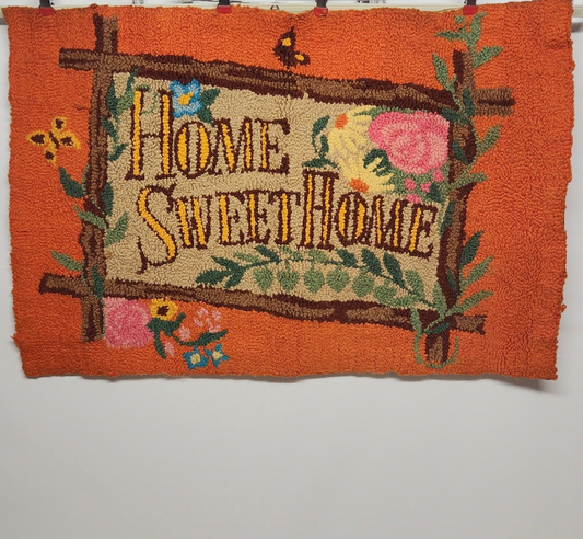 Orange Latch Hook Rug Vintage Home Sweet Home 1970's Finished 34”x 22” Soiled