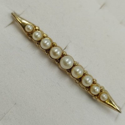 Gold Tone Bar Shaped White Faux Pearl Lapel Pin Brooch 2"Roll over Clasp