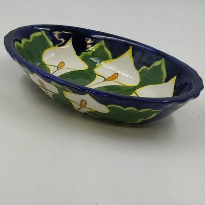 Talavera Calla Lilies Mexico Hand Painted Oval Bowl Art Pottery Signed Mexico Q