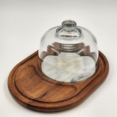 Teakwood Cheese Board Tray Marble Slab & Glass Dome Dolphin