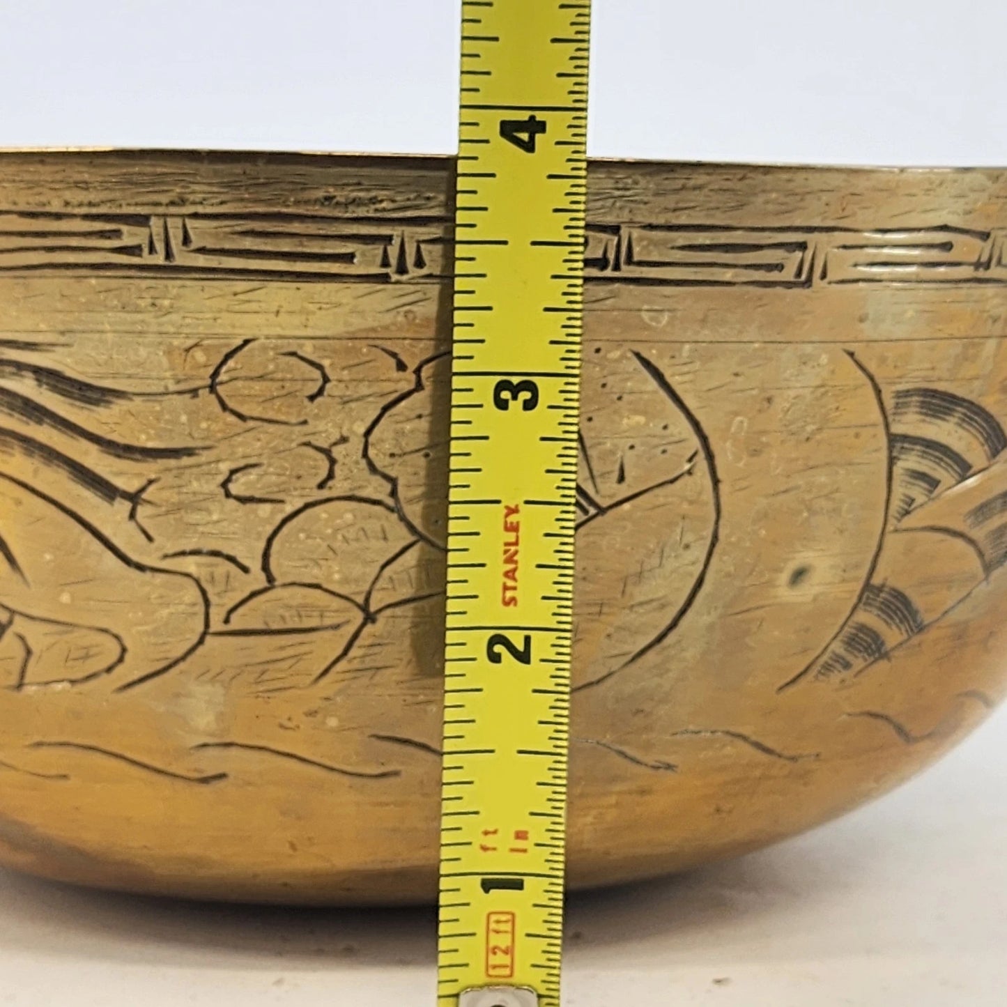 Chinese Solid Brass Engraved Bowl Dragon Phoenix Design 10"x4" MCM Vintage