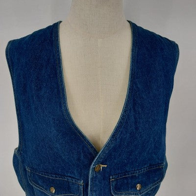 Liz Wear Denim Vest Size L 100% Cotton V-Neck Sleeveless Pockets Metal Buttons