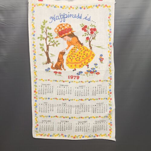 1979 Calendar Kitchen Linen Towel HAPPINESS IS Girl Petting A Dog Vintage