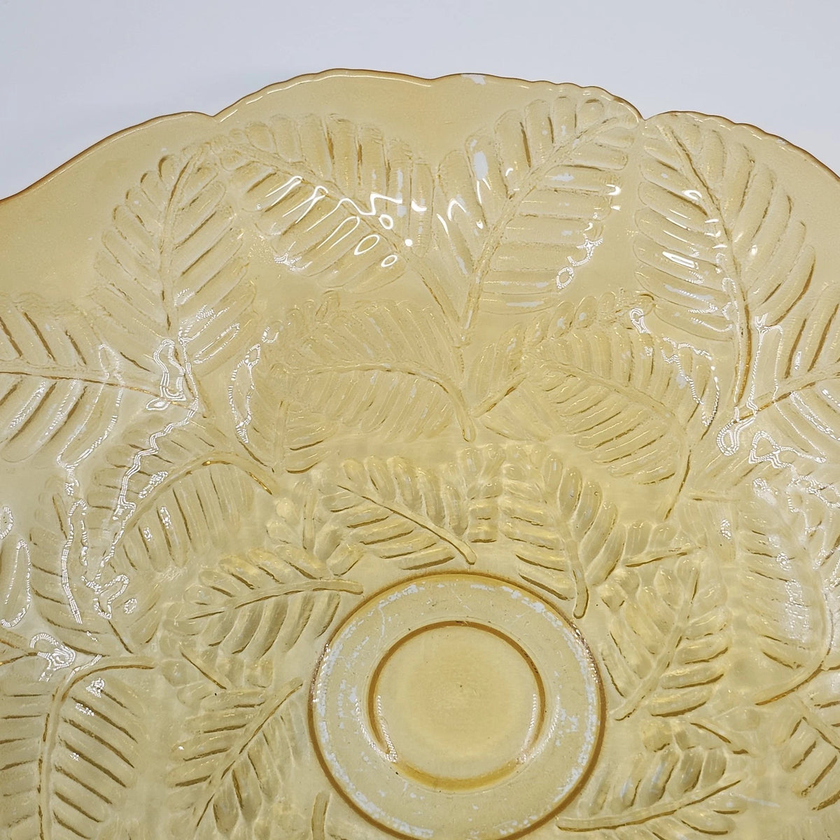 Amber Glass Serving Bowl Embossed Fern Leaf Pattern Scalloped Rim 13" Vintage