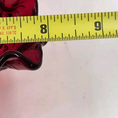 Fenton Ruby Red Glass Bowl 8" Wide Leaf Flowers Footed Dish Ruffled Edge