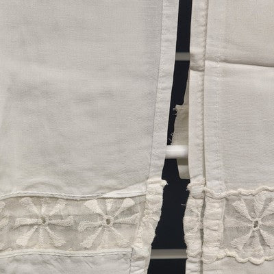 One Pair Of Solid White Curtains w Drawn Thread Lace Inserts 34"x26" Per Panel