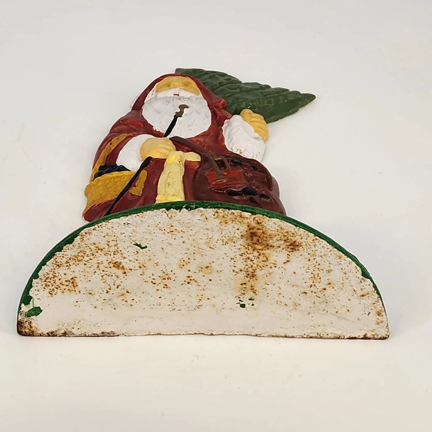 Cast Iron Santa Claus Doorstop Holding Christmas Tree & Staff Heavy 10" Vintage