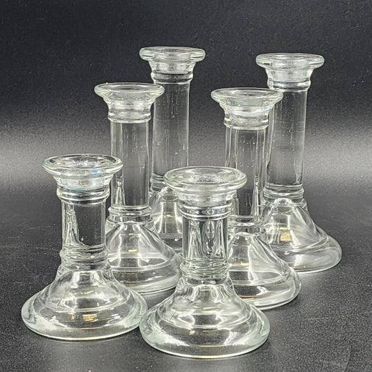 2 Heavy Clear Glass Candlestick Holders Pillar Round Height Choice Poland Vtg