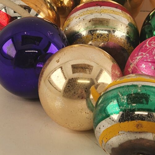 12 Glass Blown Christmas Ornaments Vintage Bell Ball Shaped Striped Solid Varies