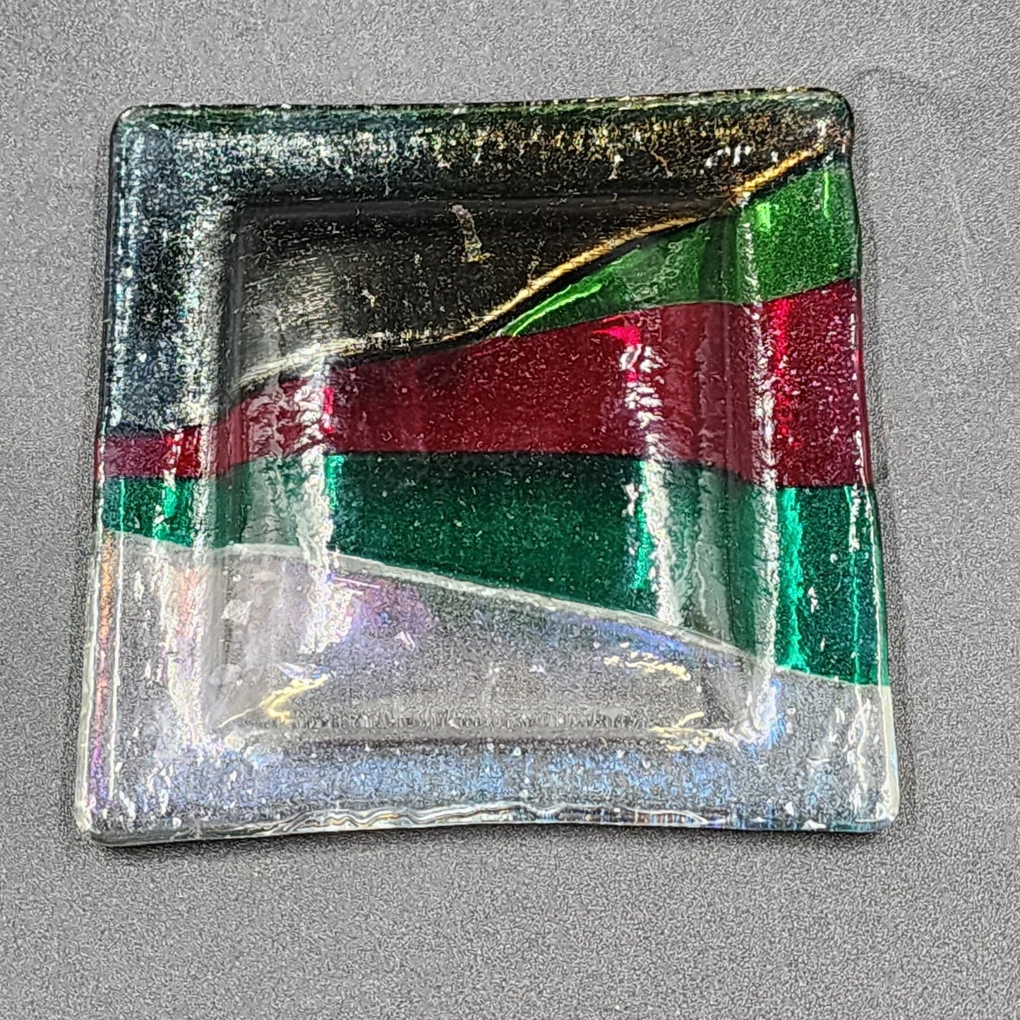 Gaya Studio Art Glass Square Dish Plate Red Green Clear Fused Modern Mid Century