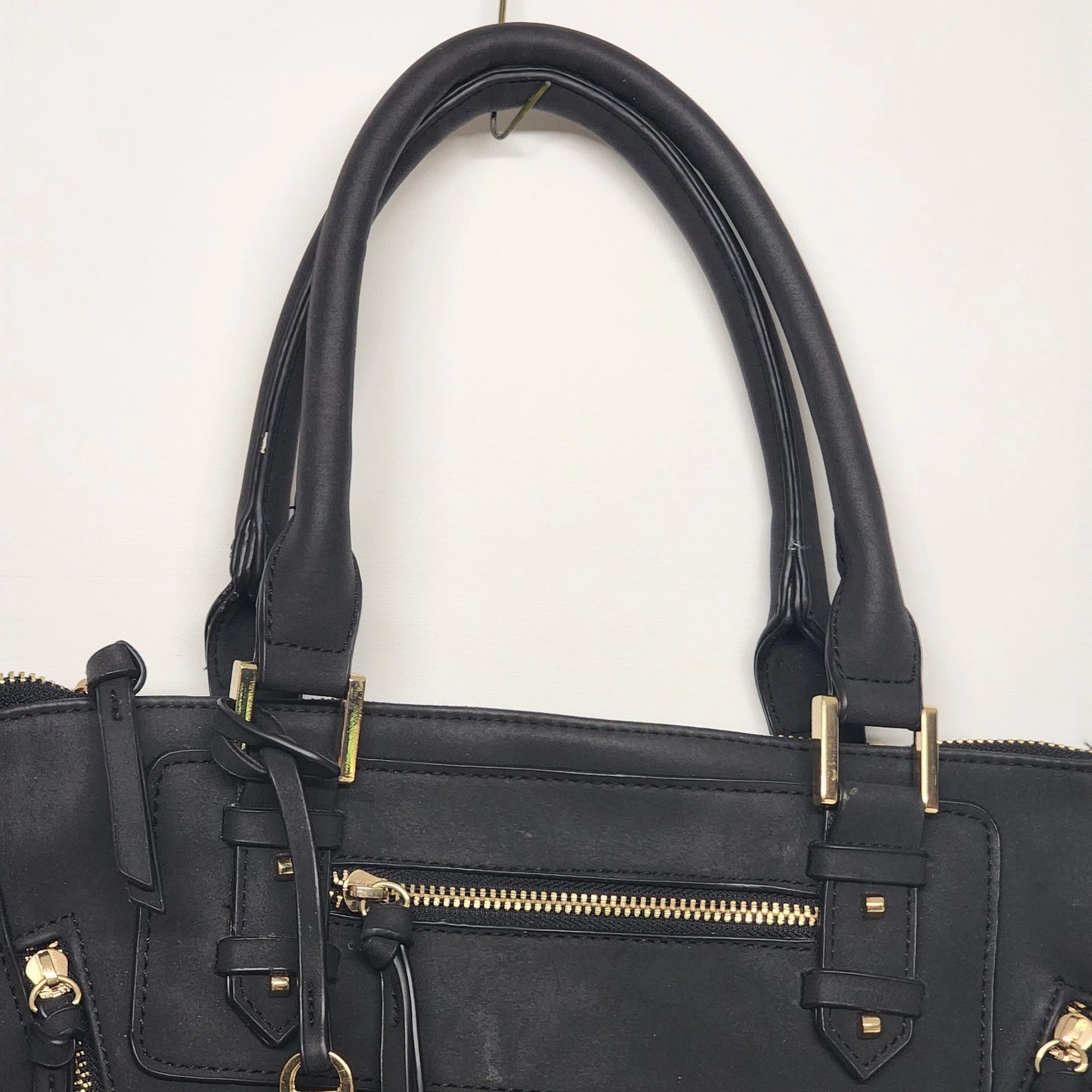 Massini Black Faux Leather Tote Handbag 16in Gold Tone Zipper