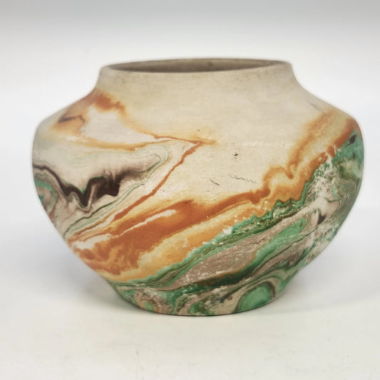 Vintage Nemadji USA pottery vase with green orange brown swirl pattern