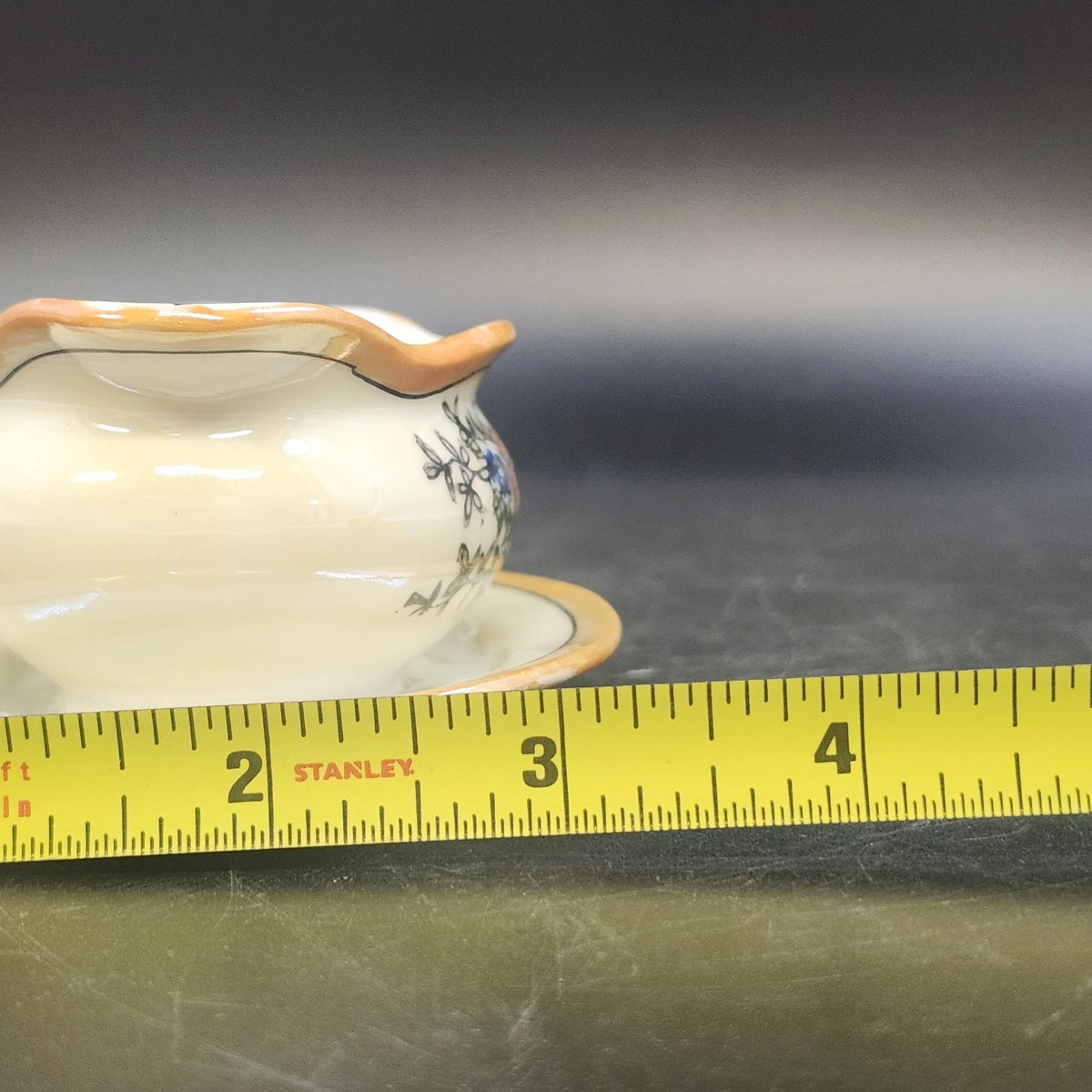 Porcelain Gravy Boat w Underplate 4.5" Floral Cream Orange Gold Trim Japan