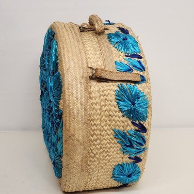 Woven Raffia Hat Box Suitcase Train case Blue Floral Travel 16" Boho Vintage
