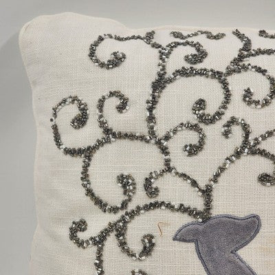Mud Pie Pillow 13" Sq w Gray Beaded Bling Scrollwork Accent Christmas Reindeer