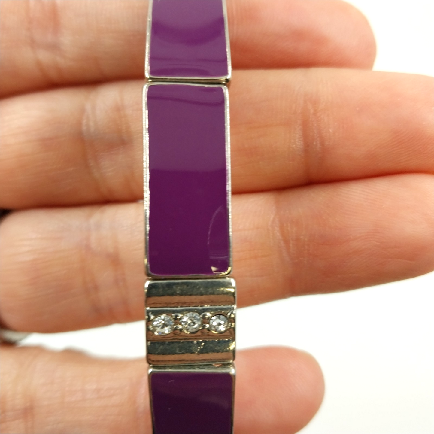Silver Tone Purple Enamel Rhinestone Link Stretch Bracelet 3" Rectangle
