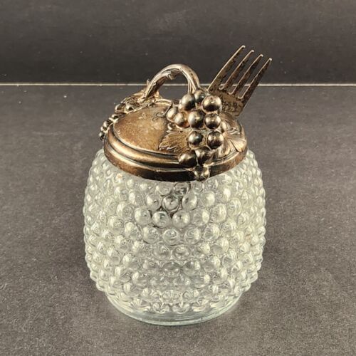 Hobnail Clear Glass Jam Honey Jar Grapevine Cast Lid and Condiment Fork Vintage