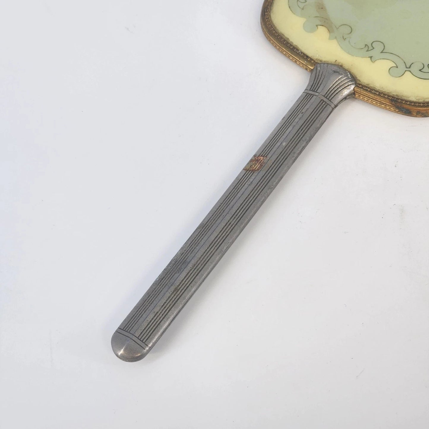 Yellow Green Enamel Hand Mirror 12 Inch Cameo Vintage