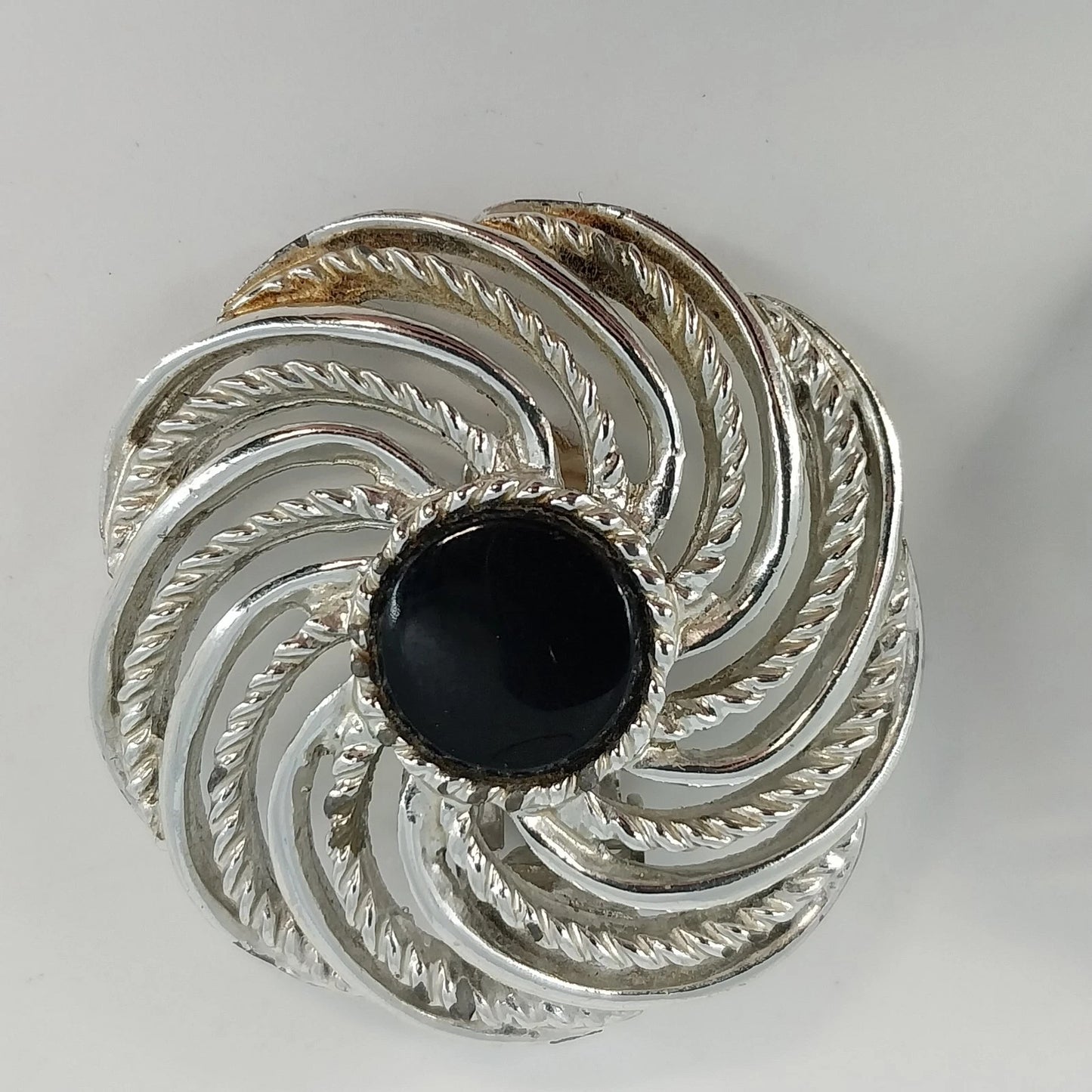 Sarah Coventry Mystic Swirl Clip On Earrings Black Cabochon Silver Tone Vintage