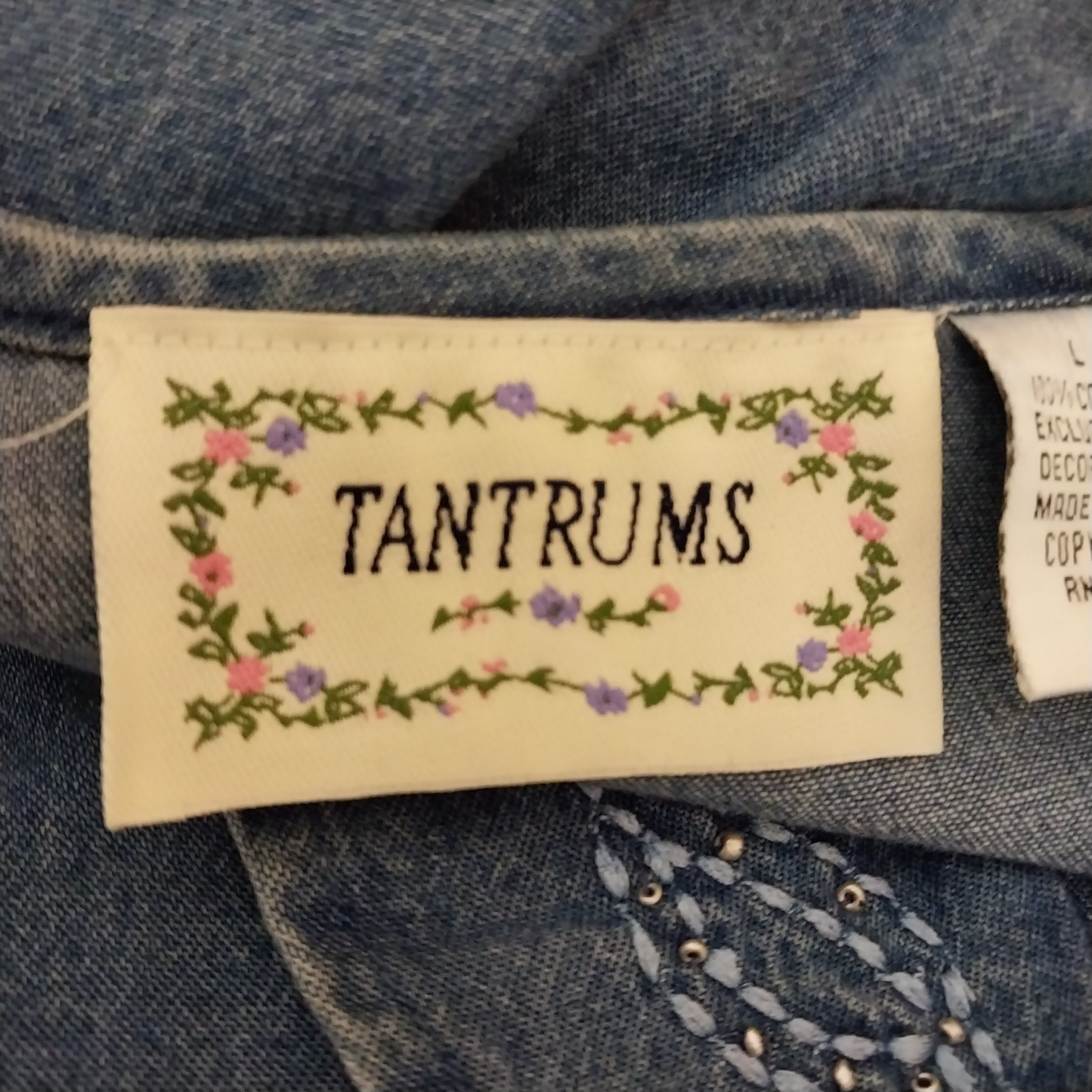 Tantrums Boho Embroidered Denim Shirt Bell Sleeves Pullover L 100% Cotton India