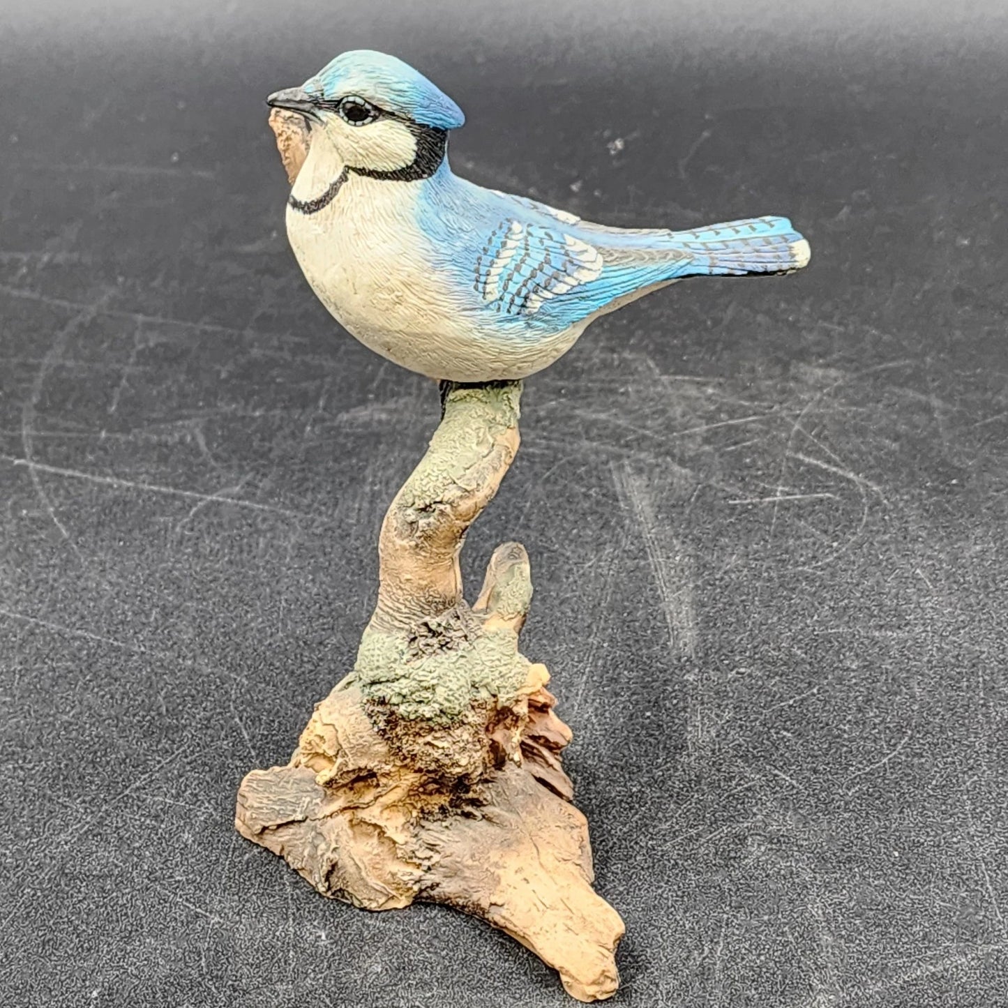 Molded Painted Blue Jay Bird Sculpture Resin 5.5" Perched On Branch Figurine Vtg