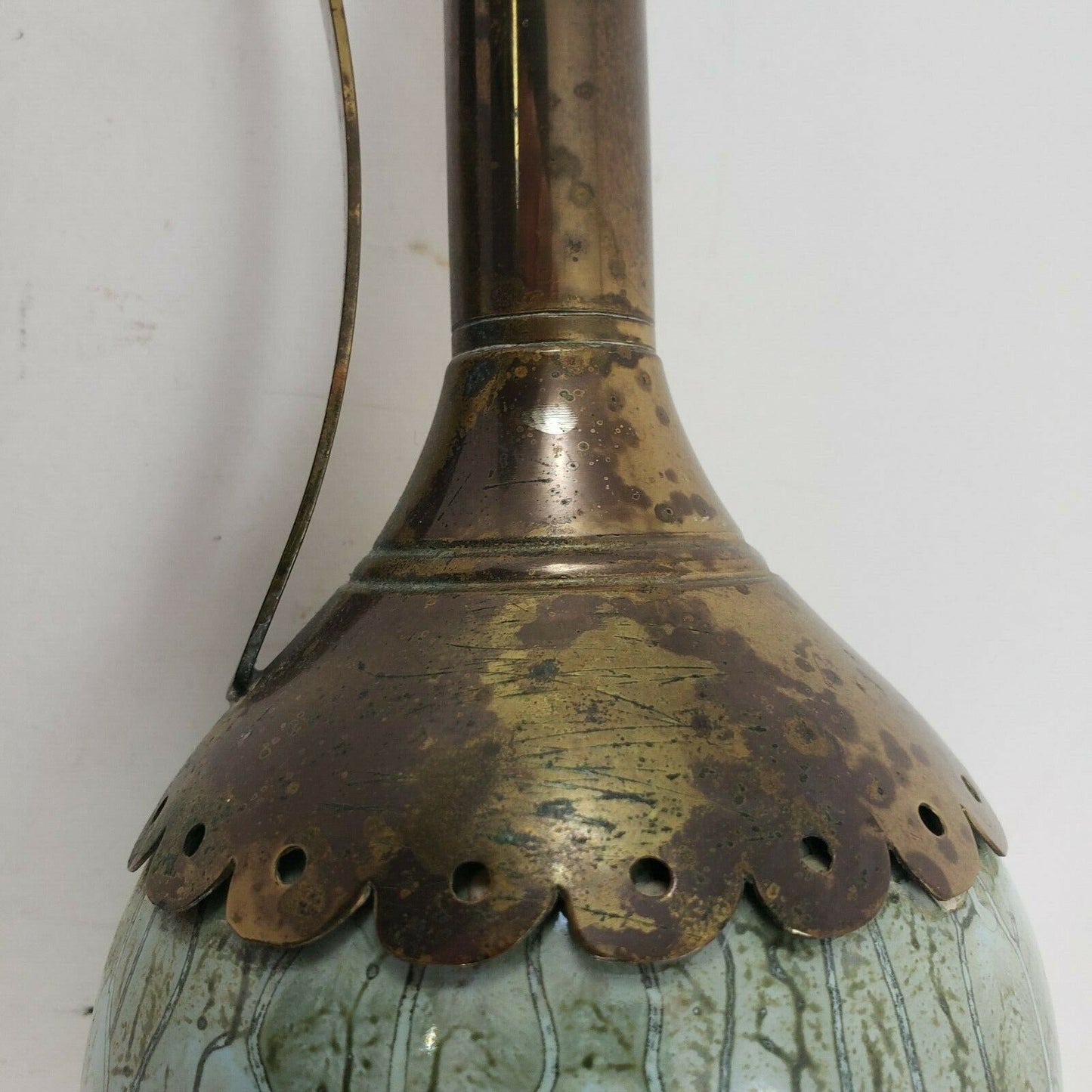Vintage Brass Enamel Pitcher Ewer Vase Ruffle Winter Tree 11” Slim